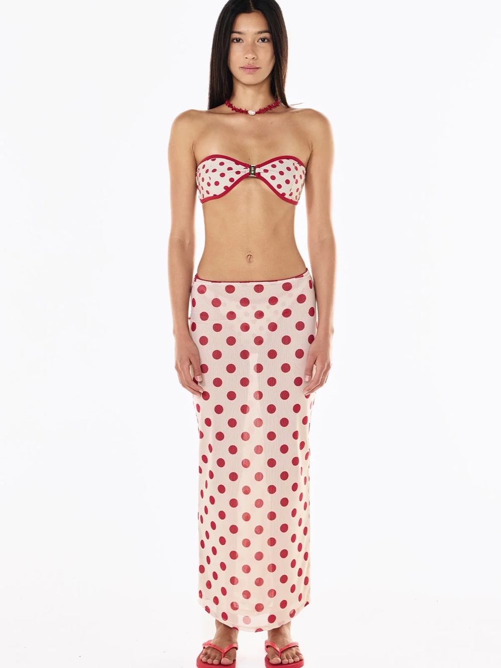 LA-LU Sheer Polka Dot Maxi Skirt Cream Red Small